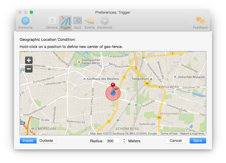 Screenshot of geographic location trigger to automatically establish a VPN connection based on the user's location.