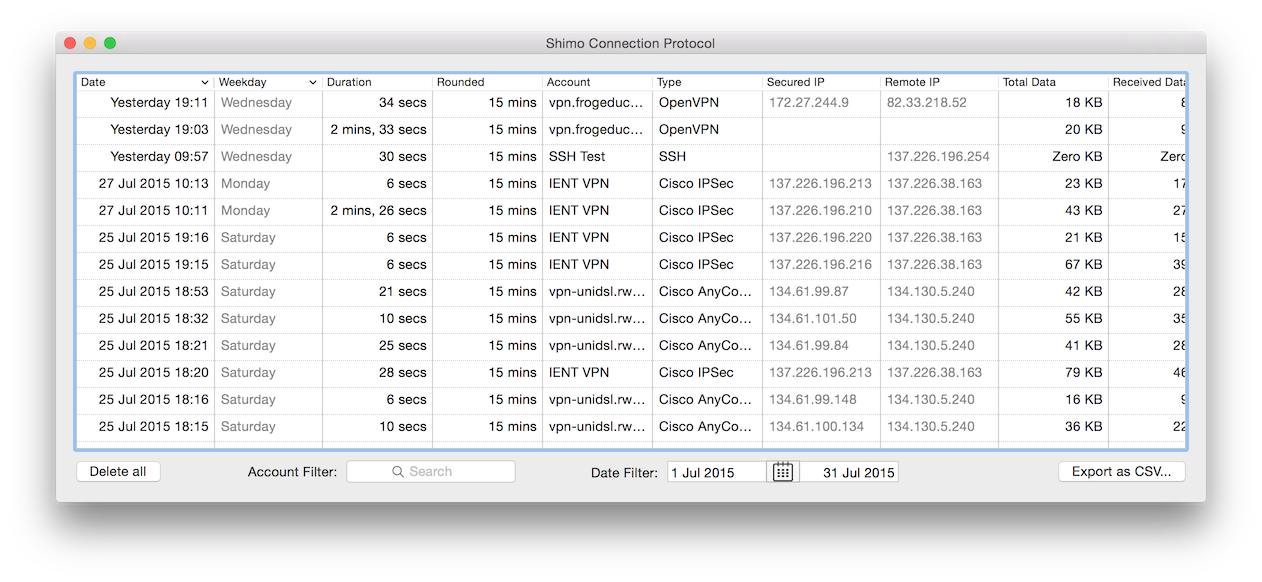 Screenshot of connection history in Shimo. The history includes a table with date, weekday, duration, rounded, profile, type, secured IP, remote IP, total data and received data